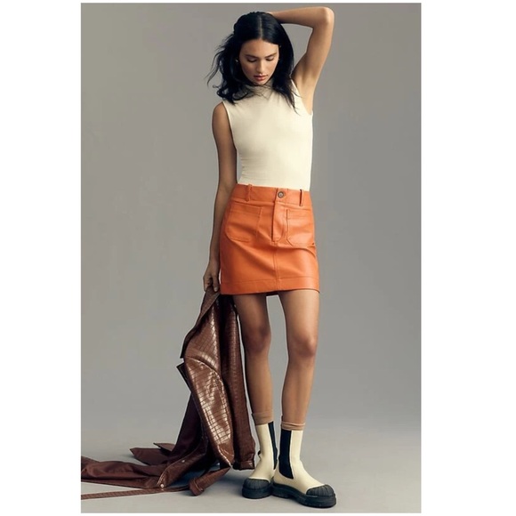 Maeve by Anthropologie Colette faux leather mini skirt in orange NWT Medium New - Picture 5 of 16